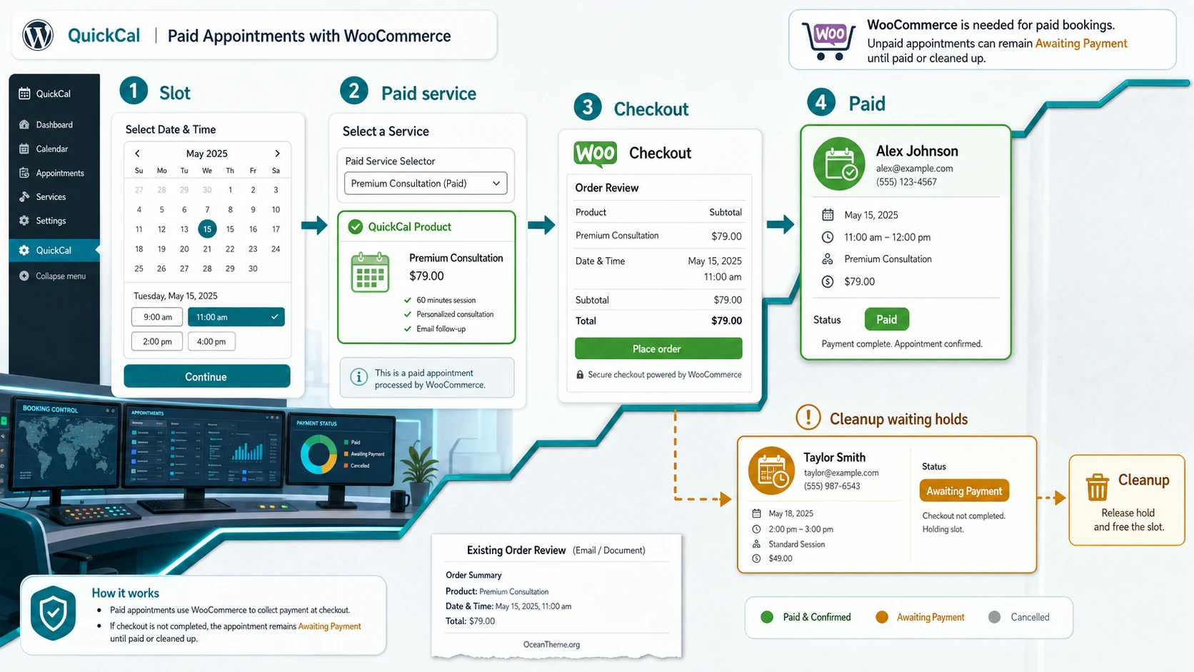 Example of a paid booking in CodeCanyon QuickCal through WooCommerce and the client profile