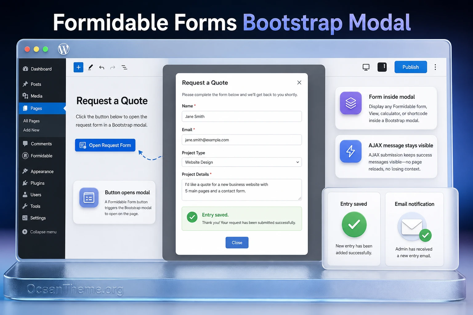 Formidable Forms Bootstrap Modal displays a form and submission result in a WordPress modal window