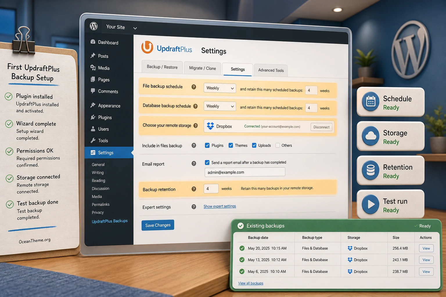 UpdraftPlus: a map of the first backup settings in WordPress