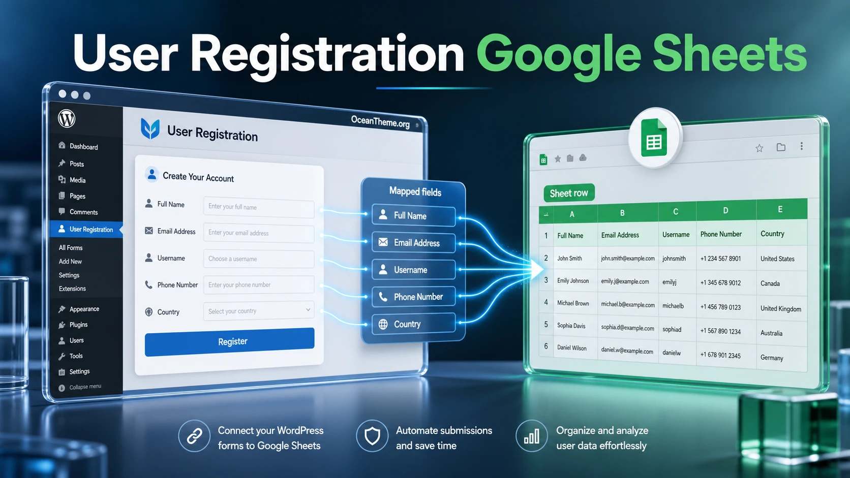 User Registration Google Sheets guide cover showing data flowing from a WordPress form into a spreadsheet
