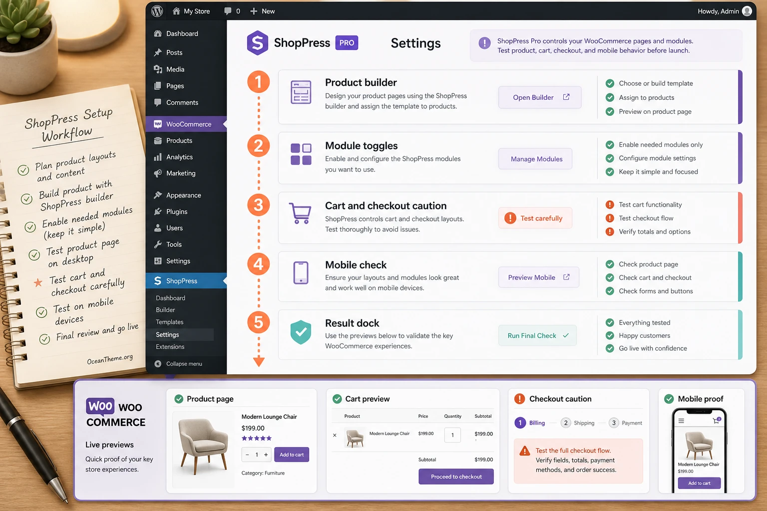ShopPress Pro settings map with WooCommerce module priorities