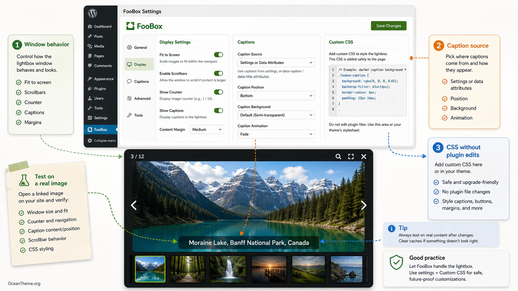 Foobox settings for captions, sizing, and modal window behavior