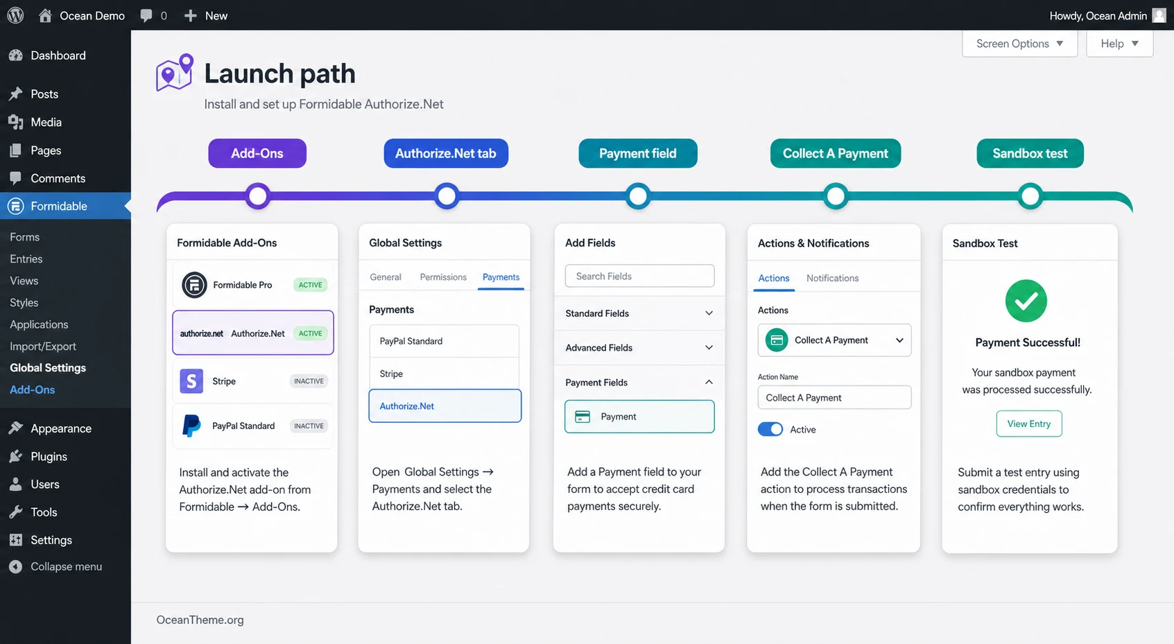Formidable Authorize.Net setup map from add-on activation to a test form