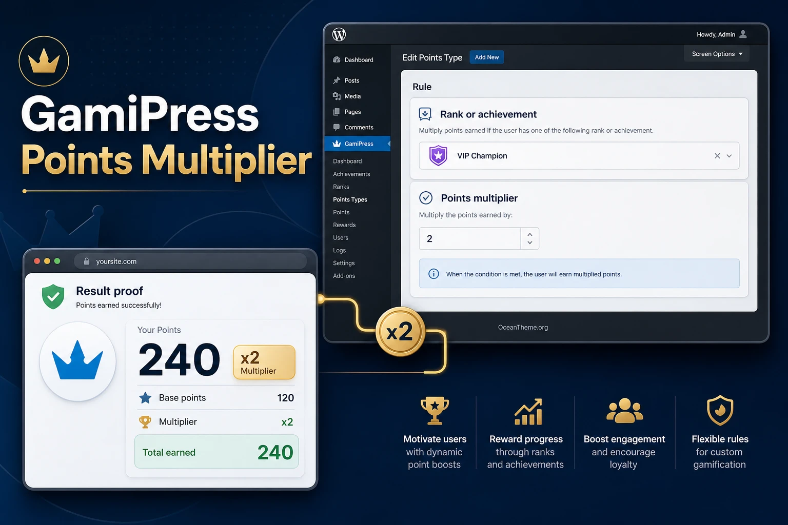 Cover image for the GamiPress Points Multiplier guide with a points multiplier check