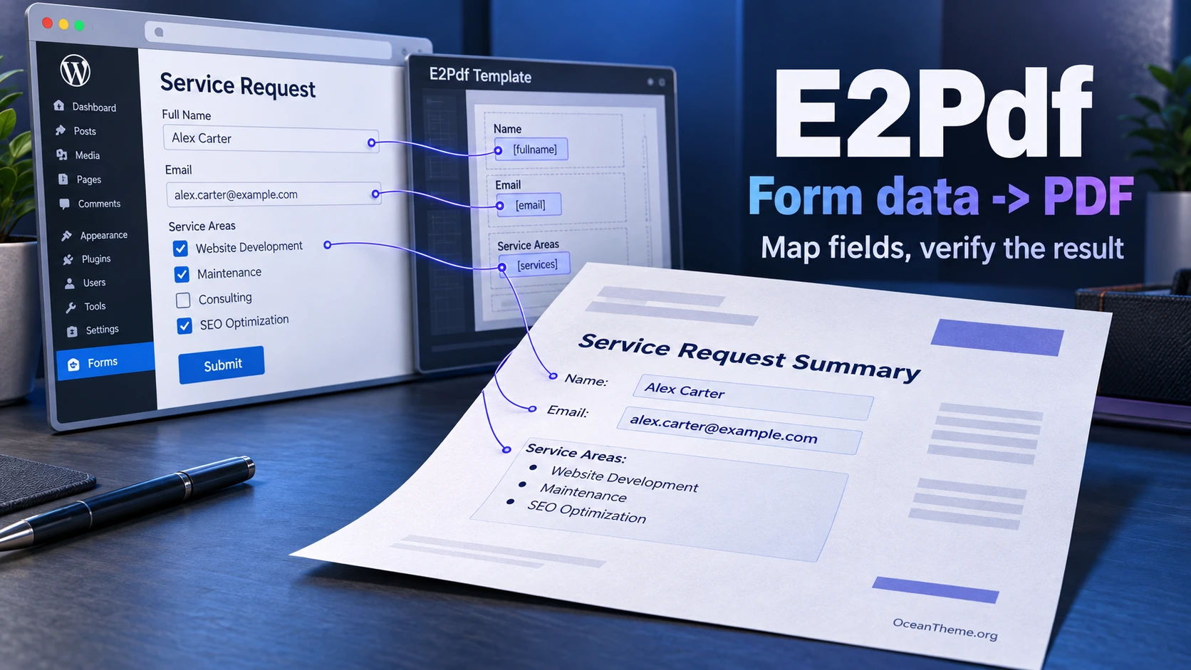 E2Pdf guide cover showing the flow from WordPress data to a personalized PDF