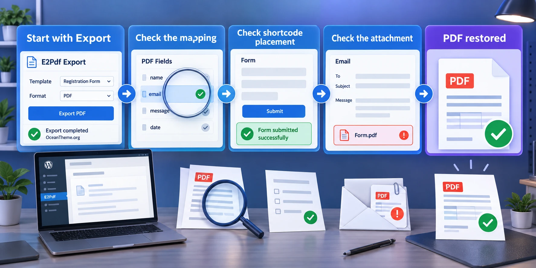E2Pdf troubleshooting path for a blank PDF, a nonworking shortcode, and an email attachment