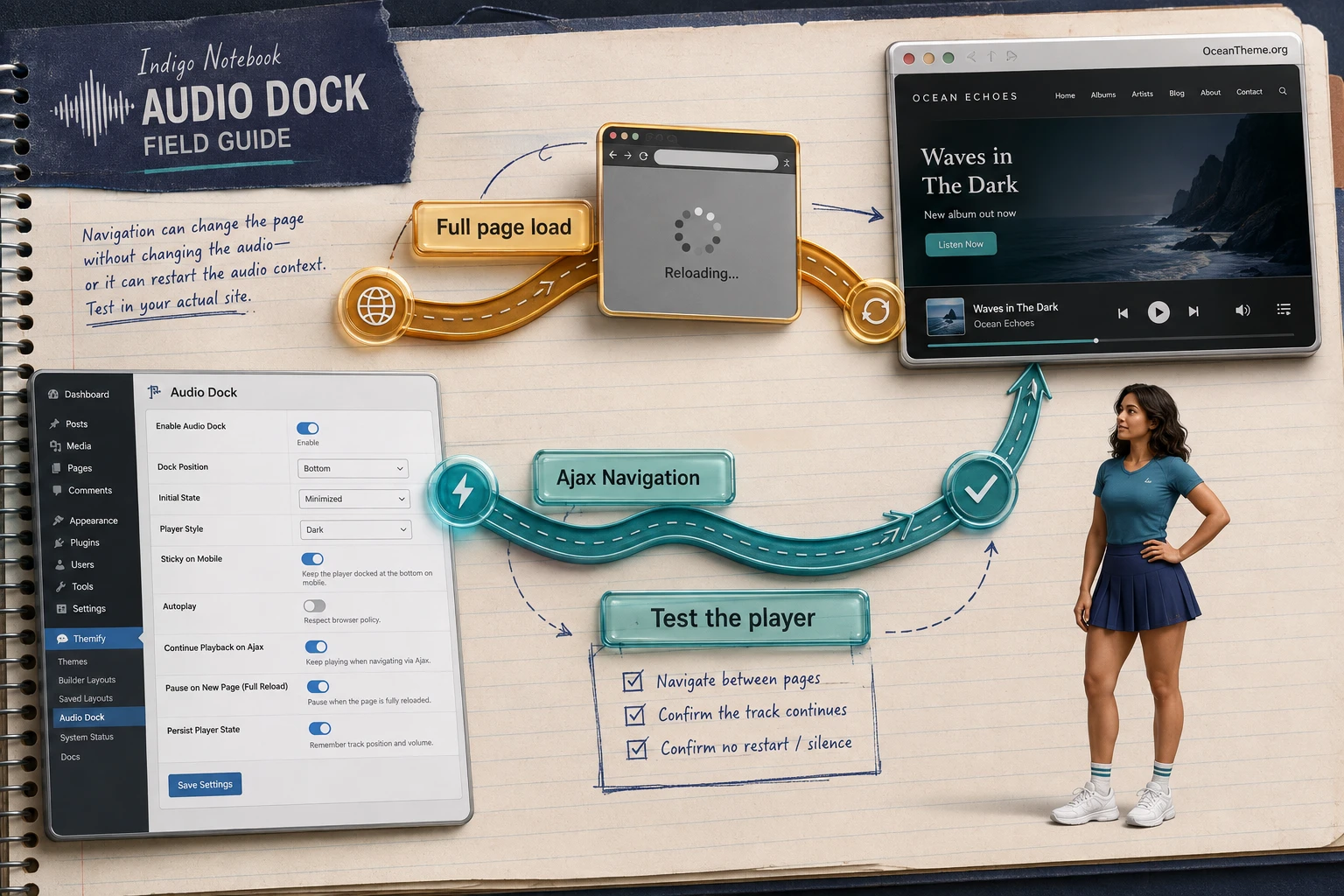 Diagram showing the relationship between Themify Audio Dock, WordPress navigation, and the public-facing site experience