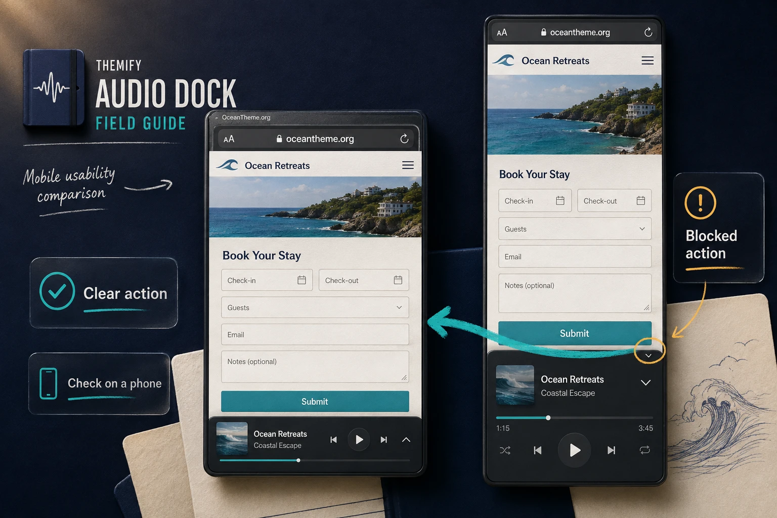 Comparison of a correctly configured and conflicting bottom audio bar on a mobile WordPress page