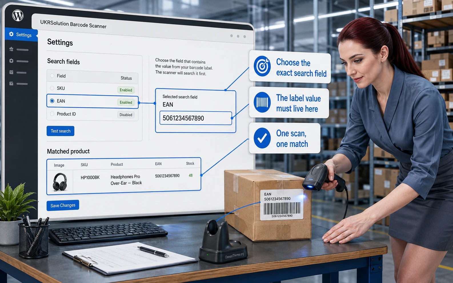 Diagram of UKRSolution Barcode Scanner search field configuration in WordPress and verification that a code matches a product
