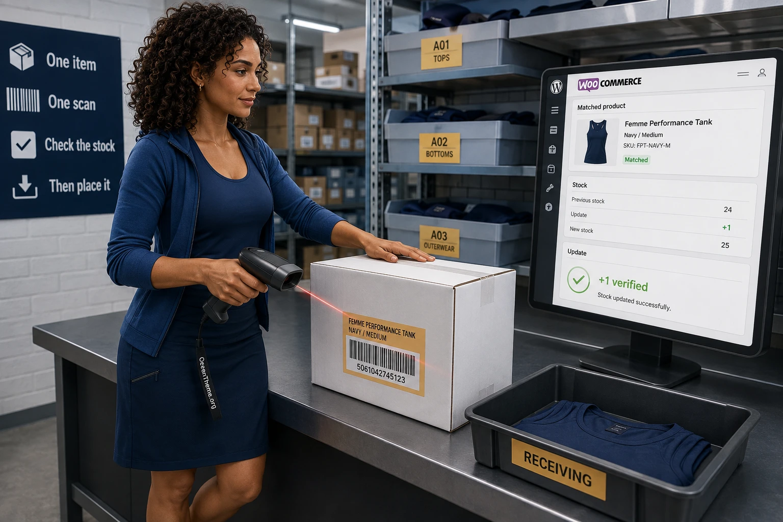 Practical receiving workflow with barcode scanning and verification of a WooCommerce stock increase