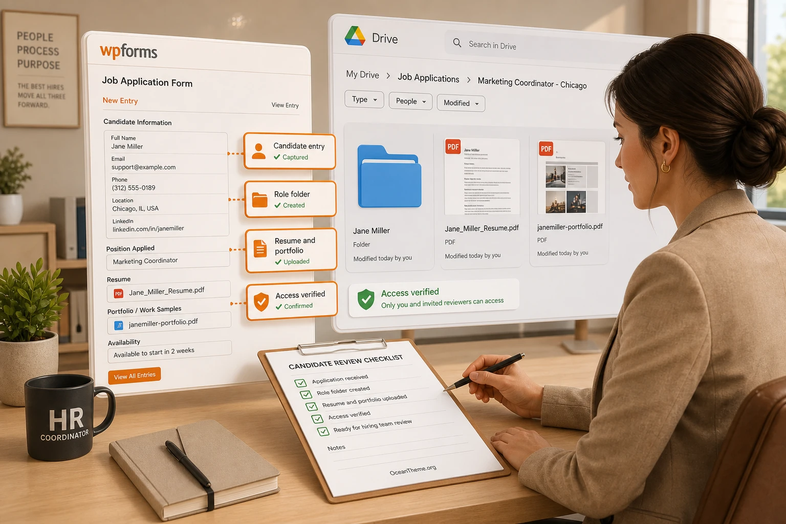 Example of a WPForms Google Drive result for an HR application with a resume