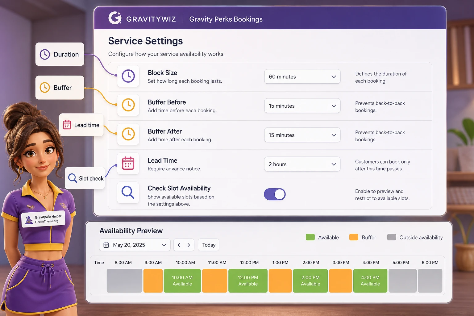 Duration, buffer, and lead time settings in Gravitywiz Gravity Perks Bookings