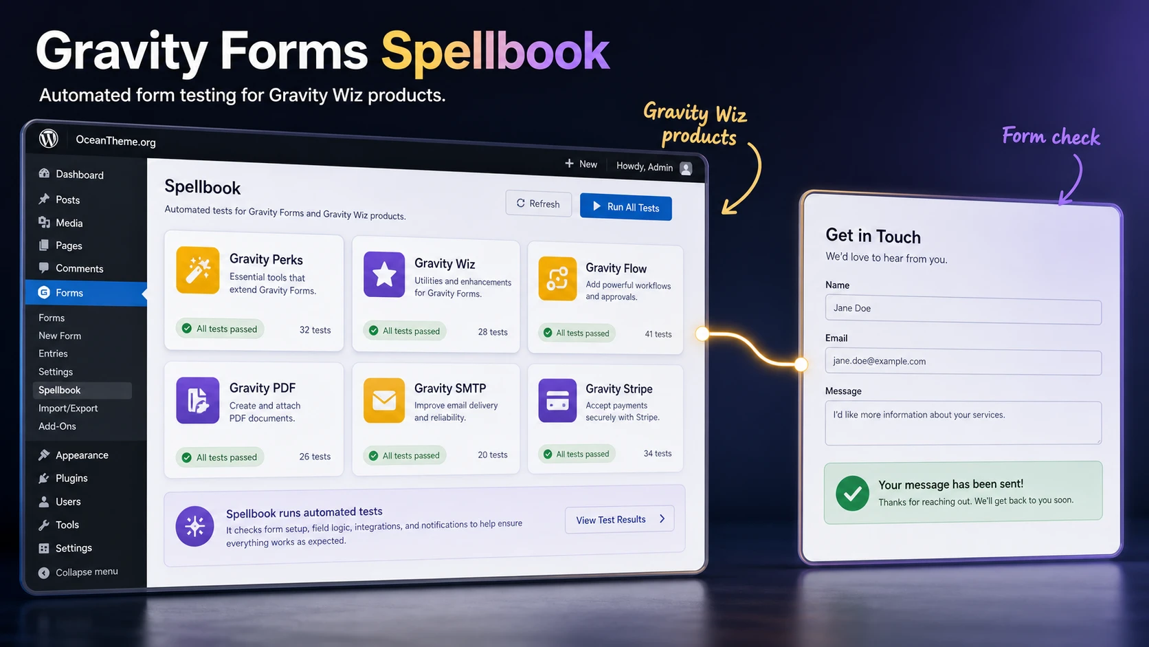 Cover image for the Gravity Forms Spellbook guide showing the Gravity Wiz product management dashboard