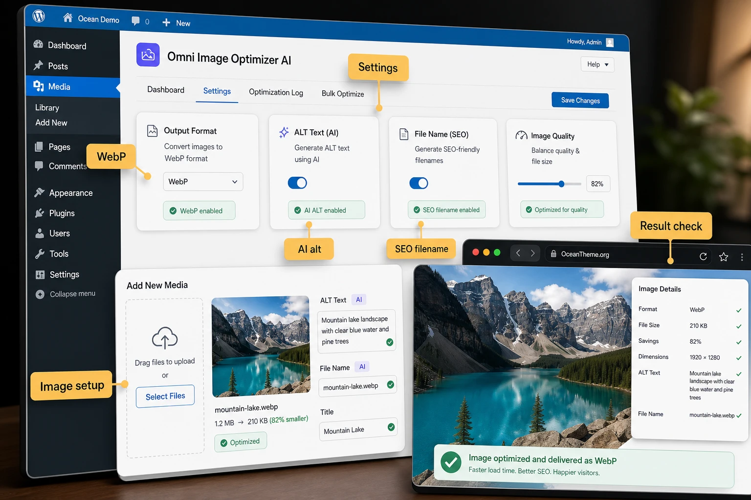 CodeCanyon Omni Image Optimizer AI in a WordPress workflow with WebP and SEO metadata configuration