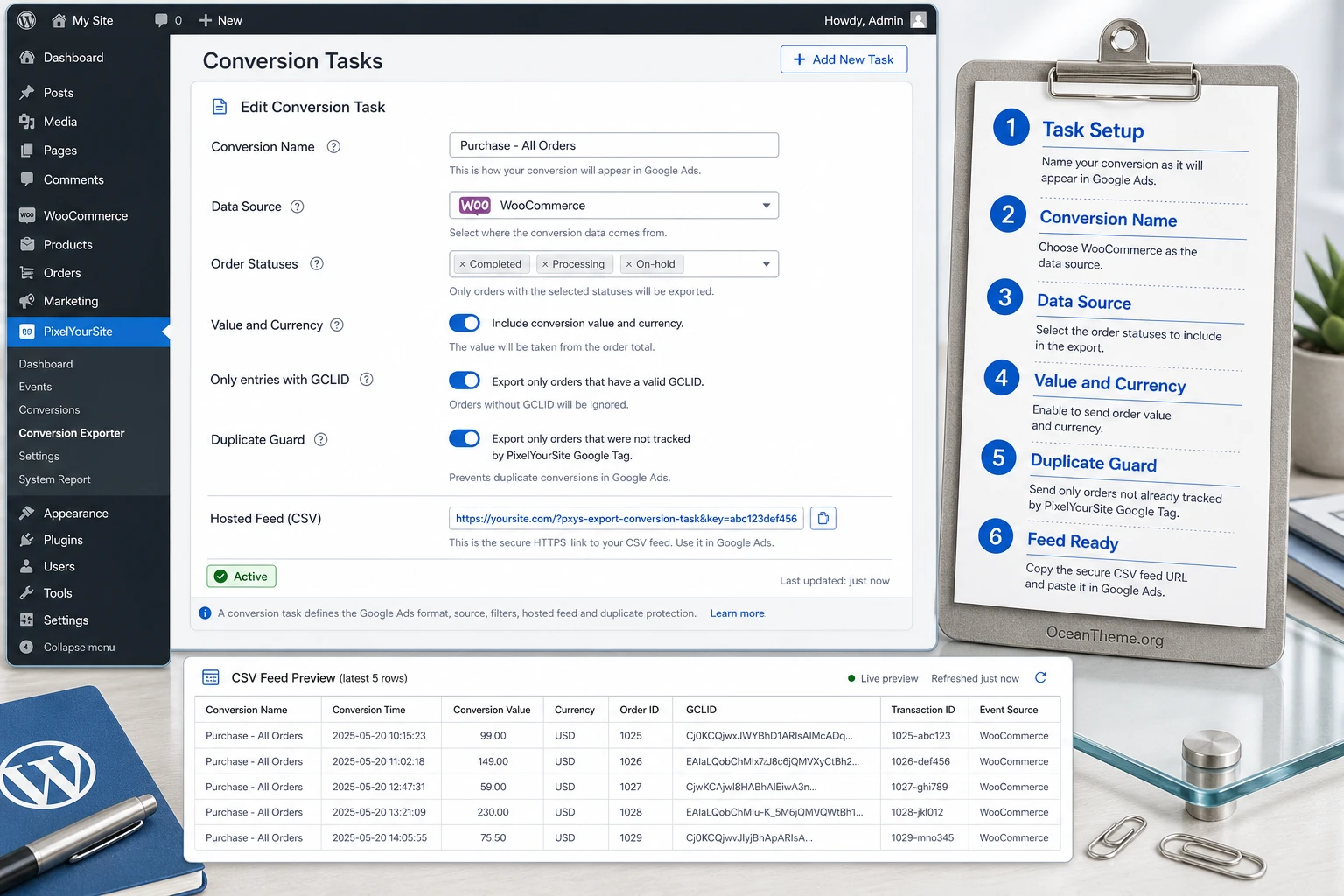 Configuring Conversion Tasks in PixelYourSite Conversion Exporter with source selection and Google Ads format