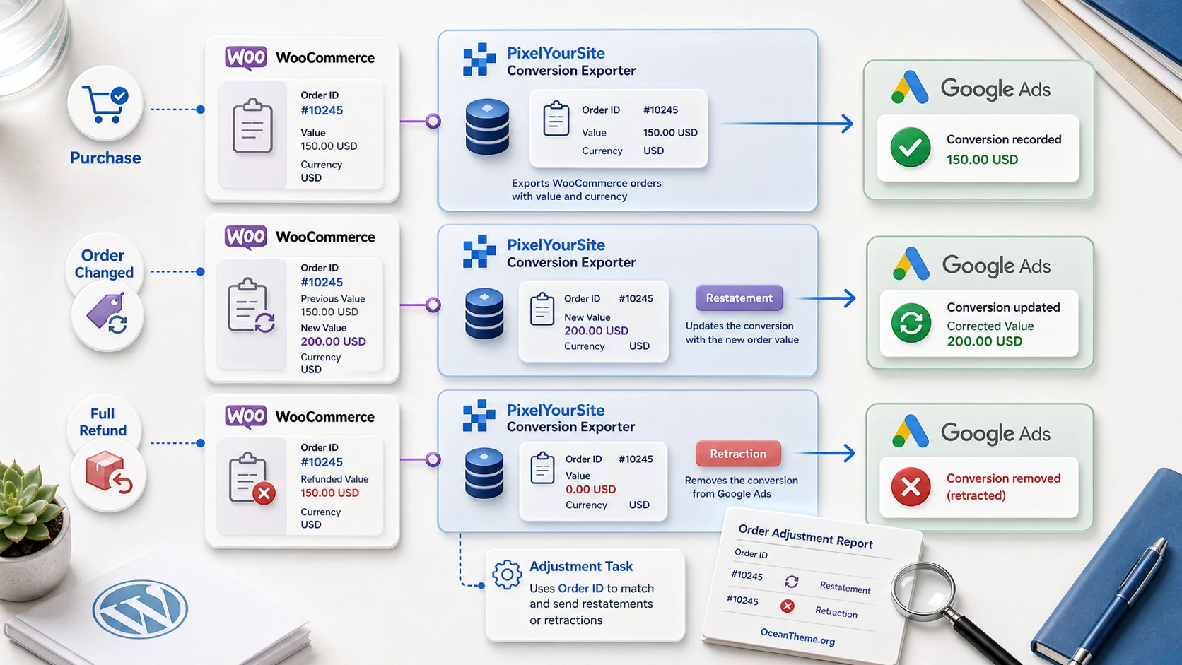 A diagram of a WooCommerce order, refund, and conversion adjustment in Google Ads