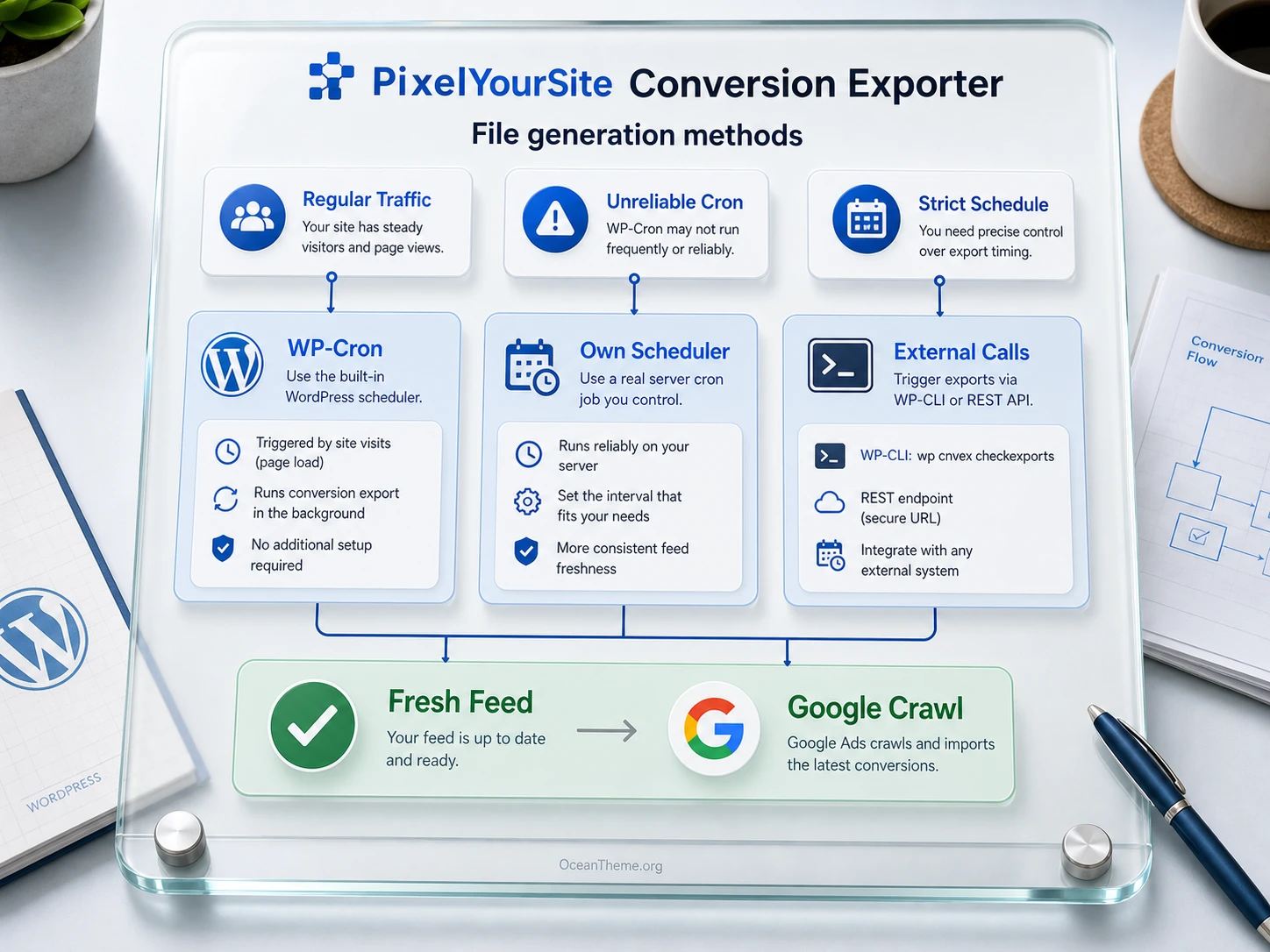 A map of CSV generation modes in PixelYourSite Conversion Exporter for WordPress Cron and external calls