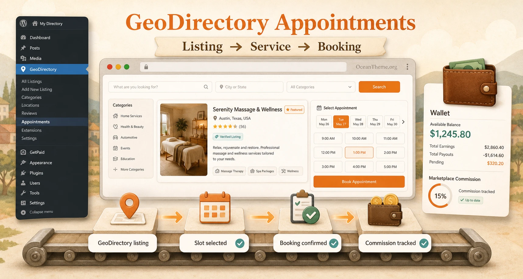 GeoDirectory Appointments in a WordPress directory with service booking and result verification