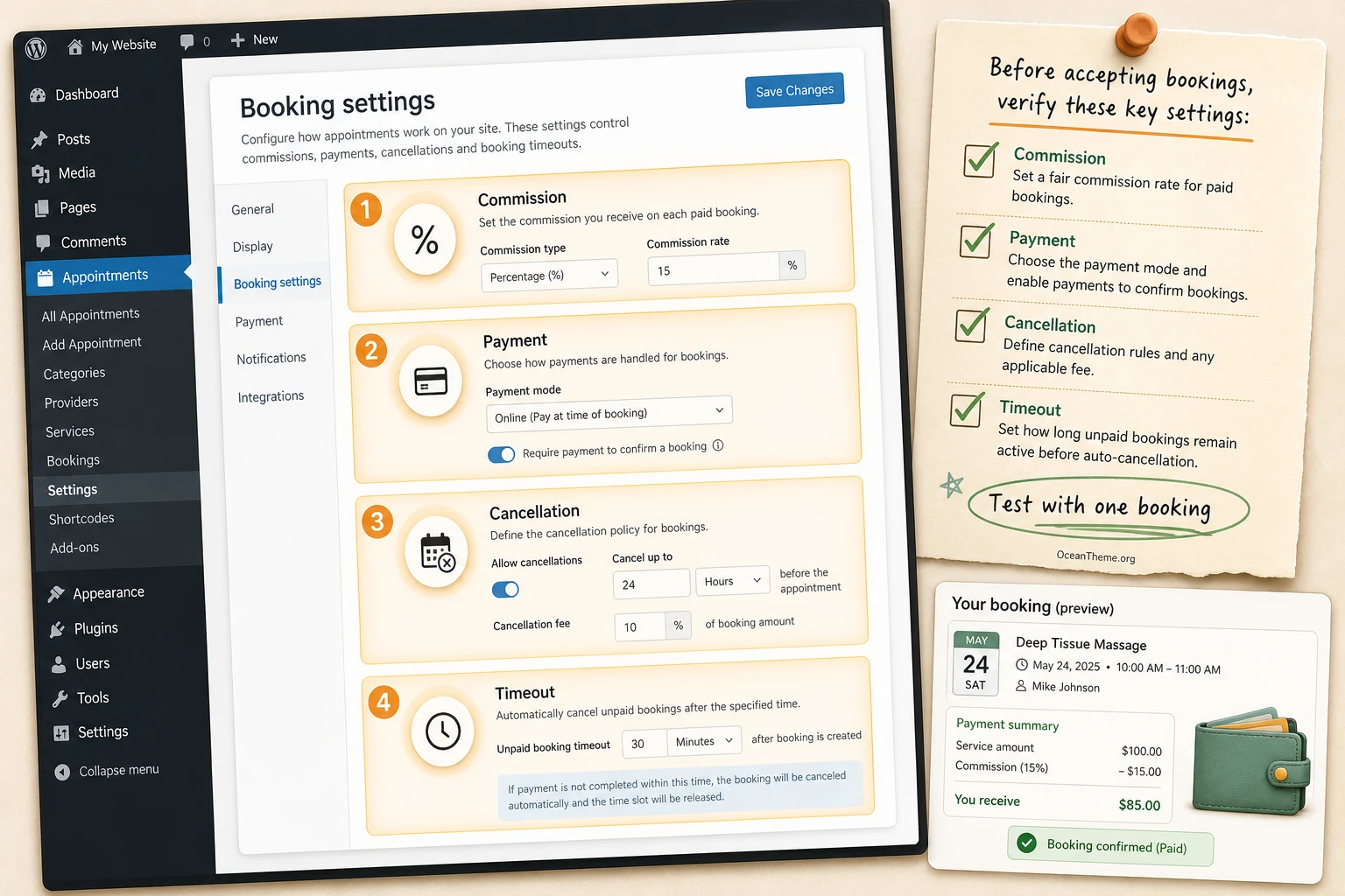 GeoDirectory Appointments settings with commissions, cancellations, and payment verification