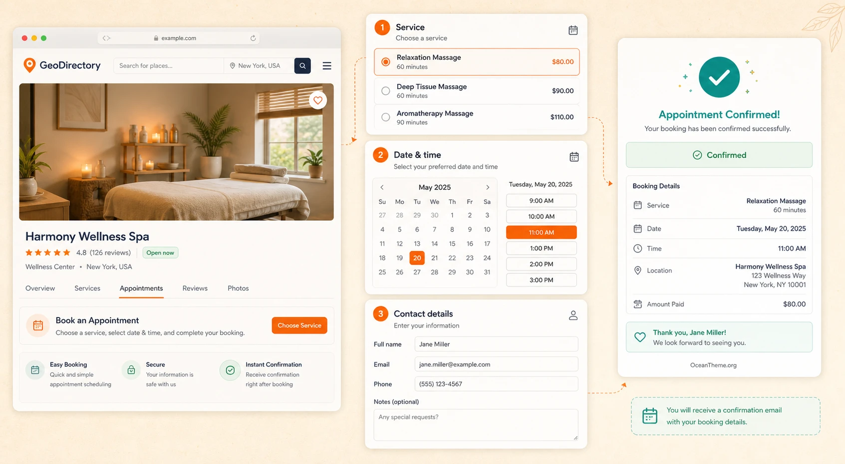GeoDirectory Appointments customer form with service selection, time selection, and confirmation