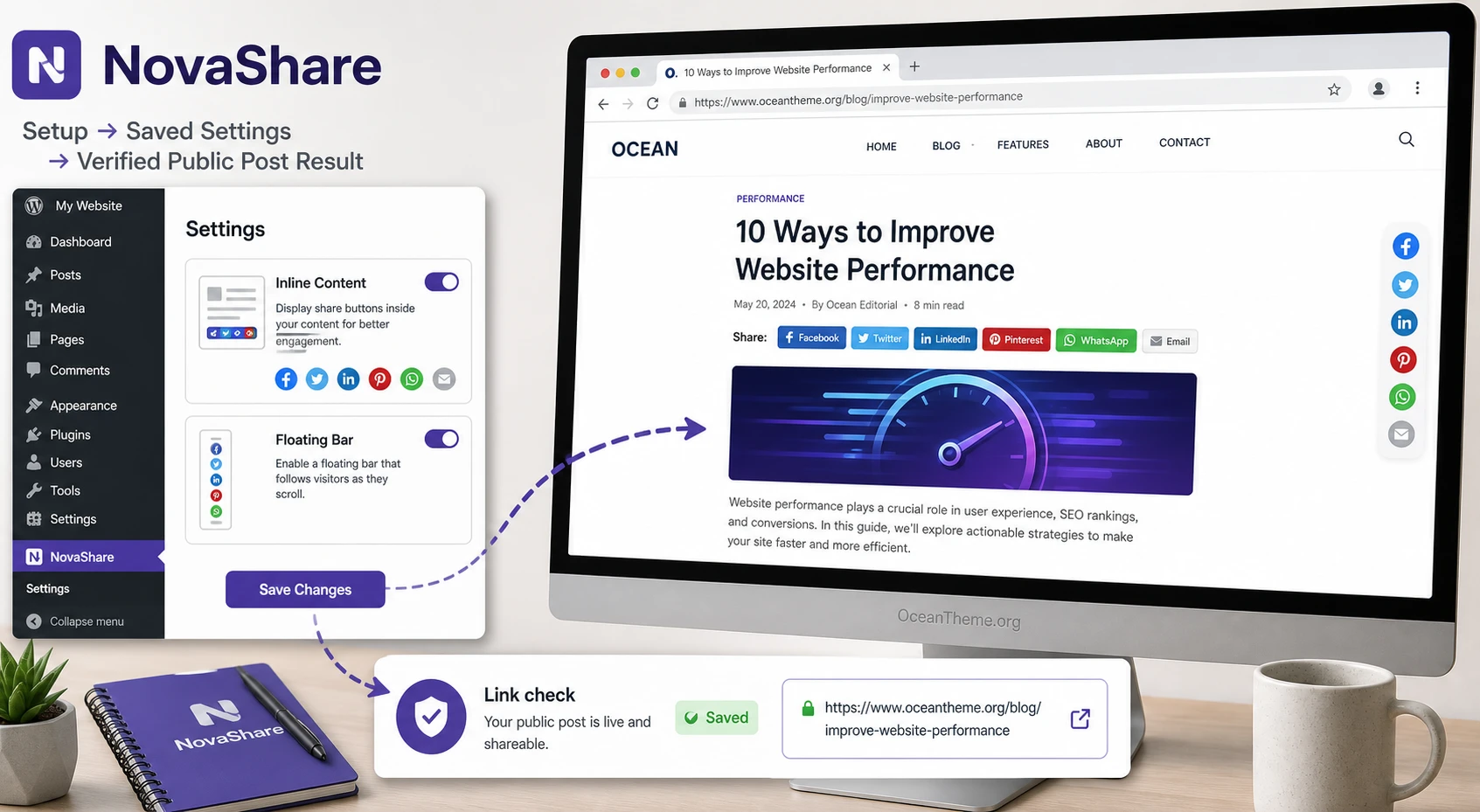 NovaShare in WordPress: button settings, on-page result, and share preview check