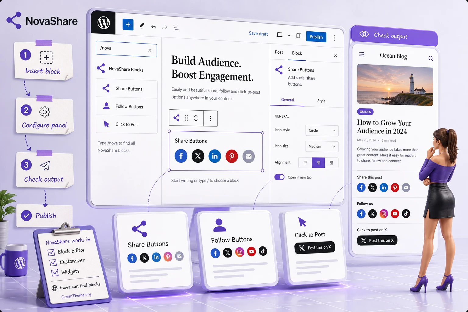 NovaShare blocks in the WordPress editor: Share Buttons, Follow Buttons, and Click to Post
