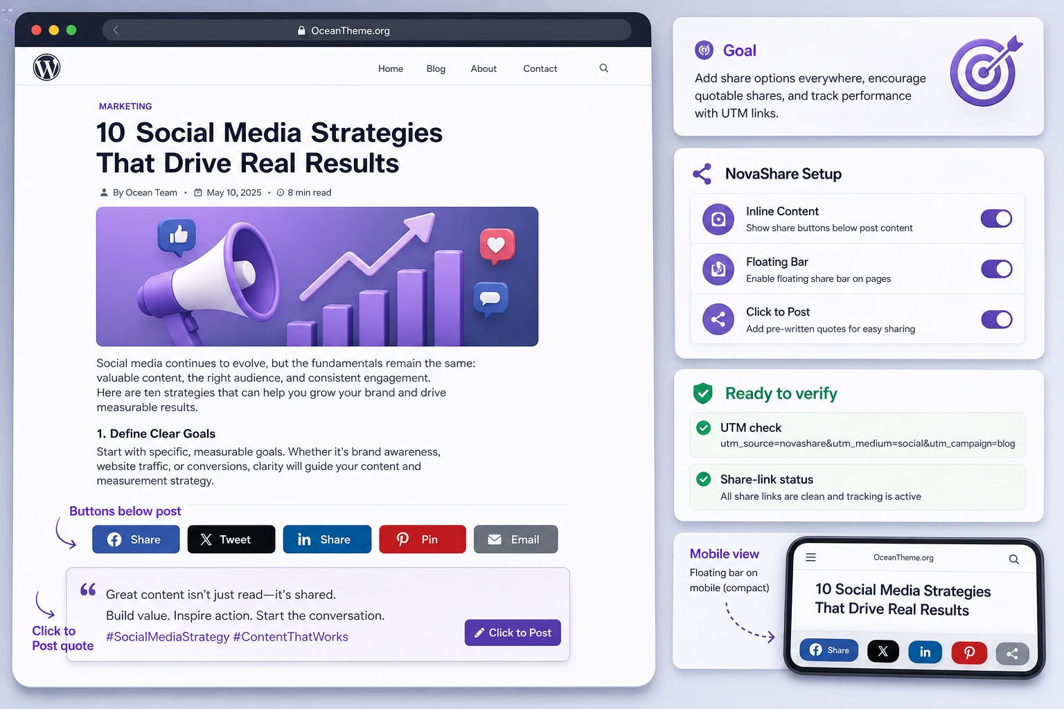 Practical NovaShare setup scenario: article, Click to Post quote, and link verification
