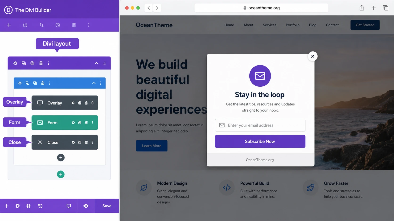 Example of a Divi Popup Builder result on a page with an email signup form