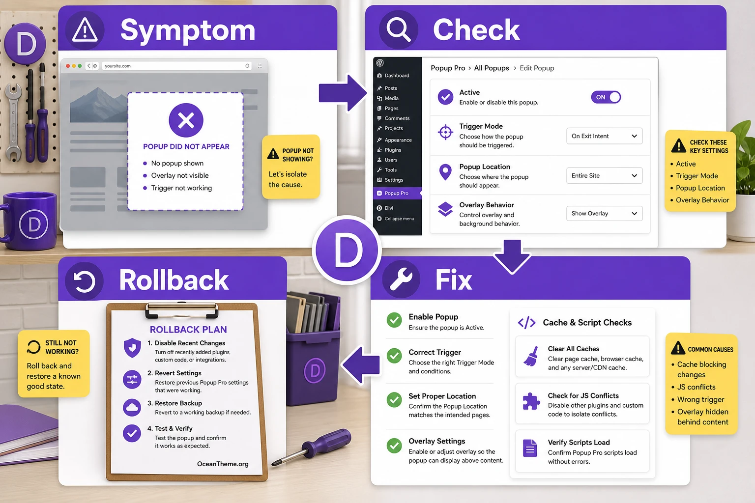 Popup Pro diagnostic map for checking trigger, display scope, and cache