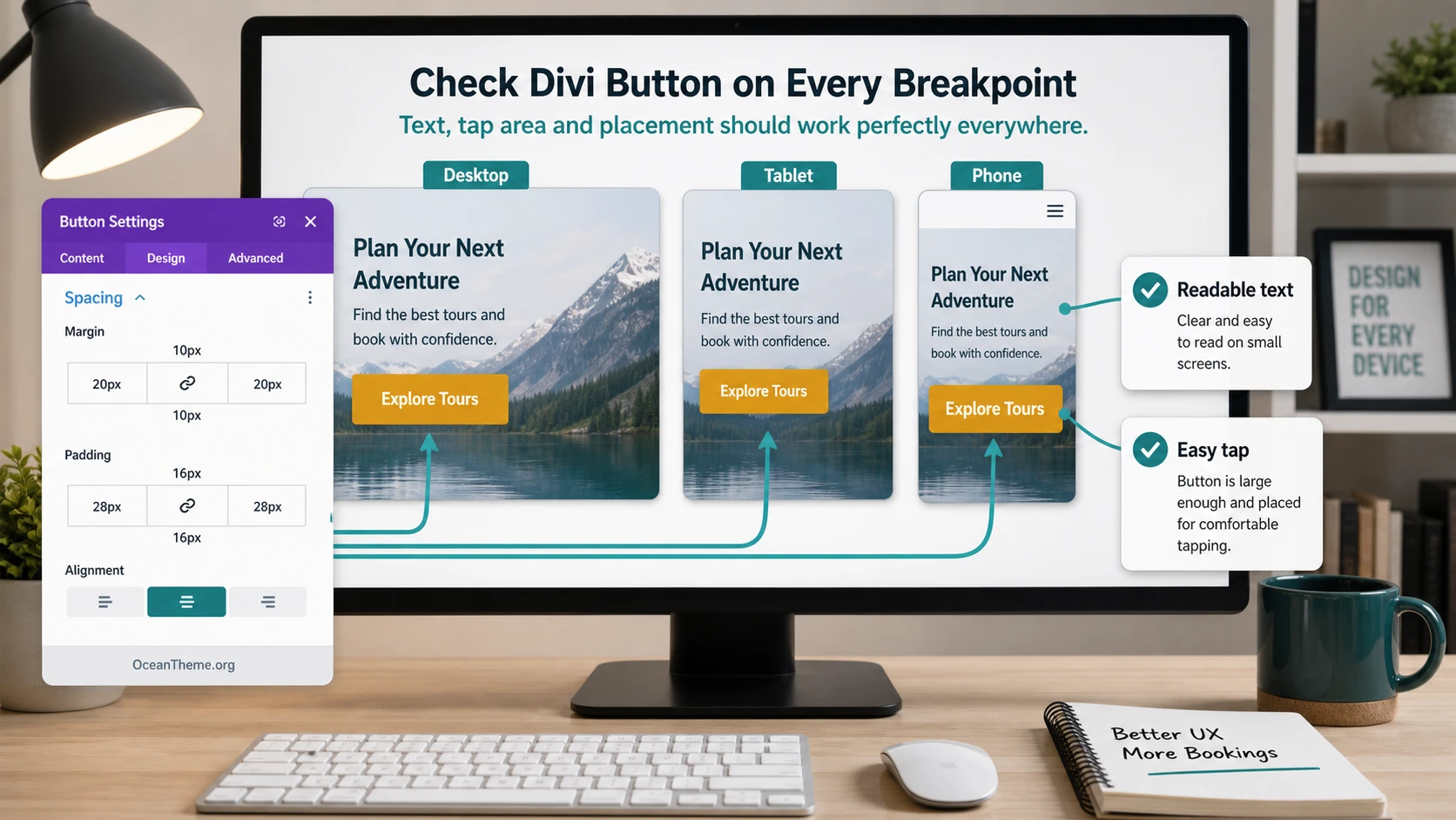 Divi Button result check on desktop tablet and phone