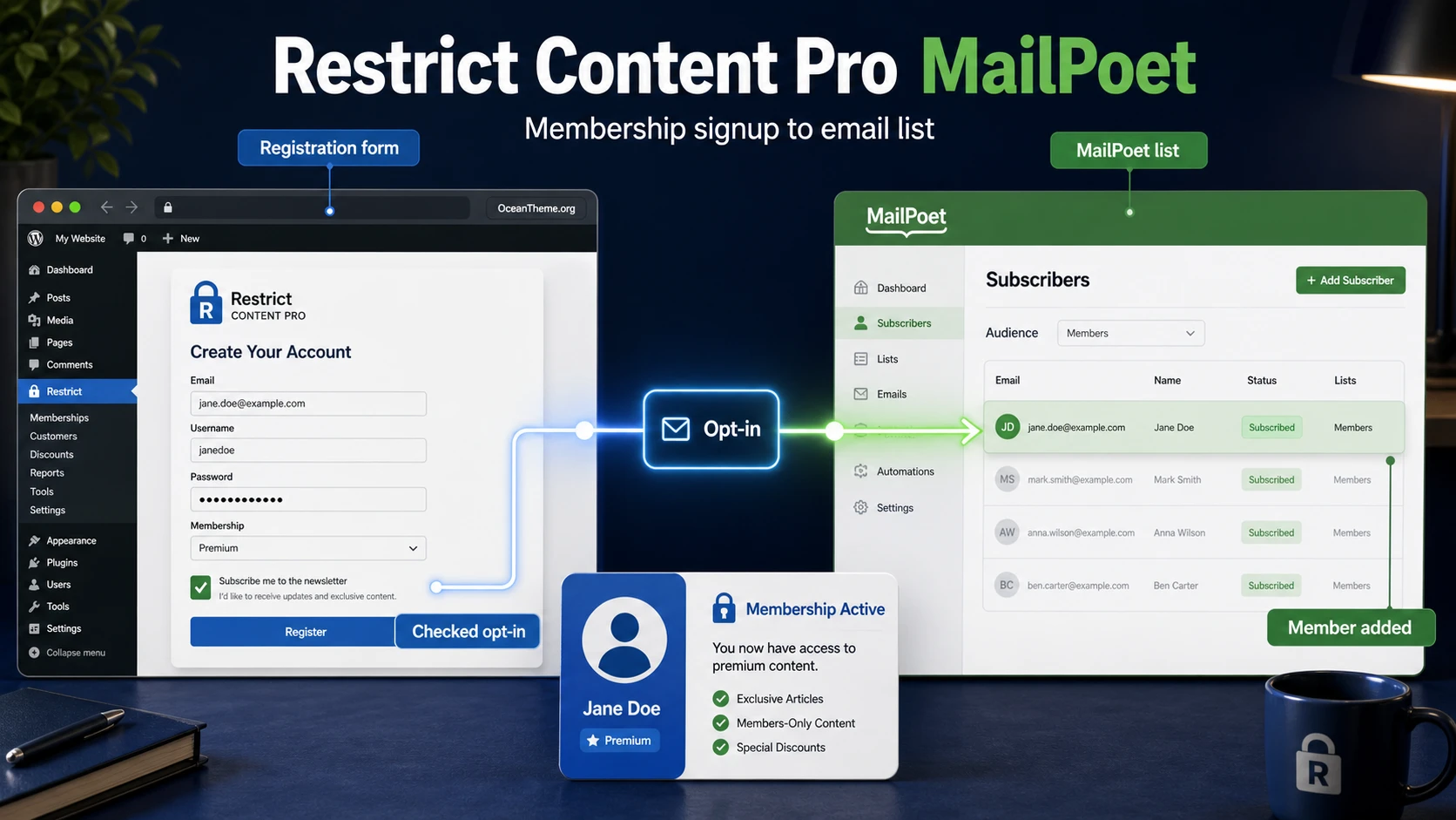 Cover image for the Restrict Content Pro MailPoet guide showing the path from registration to an email list