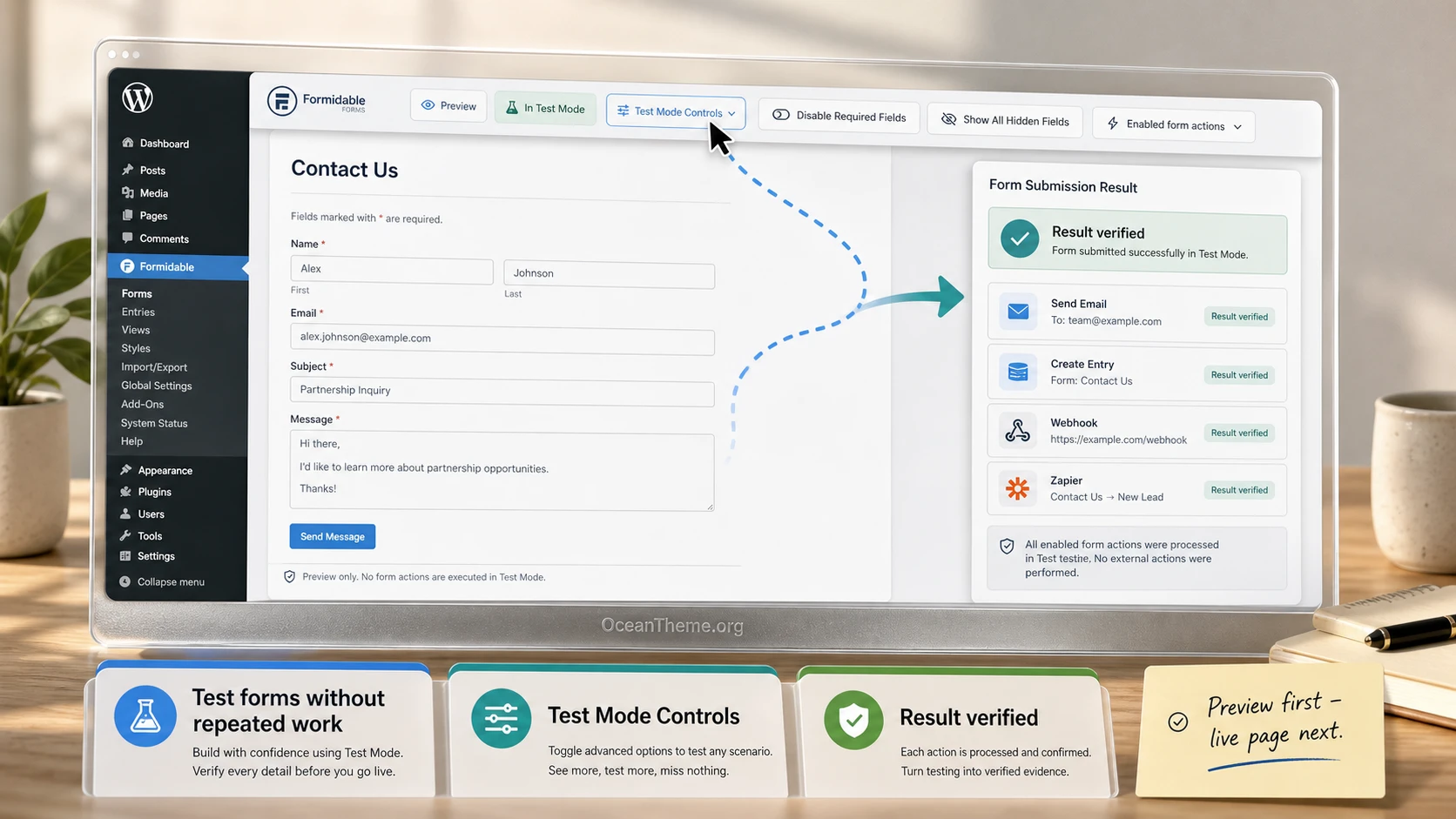 Formidable Forms Test Mode in WordPress preview with form validation controls