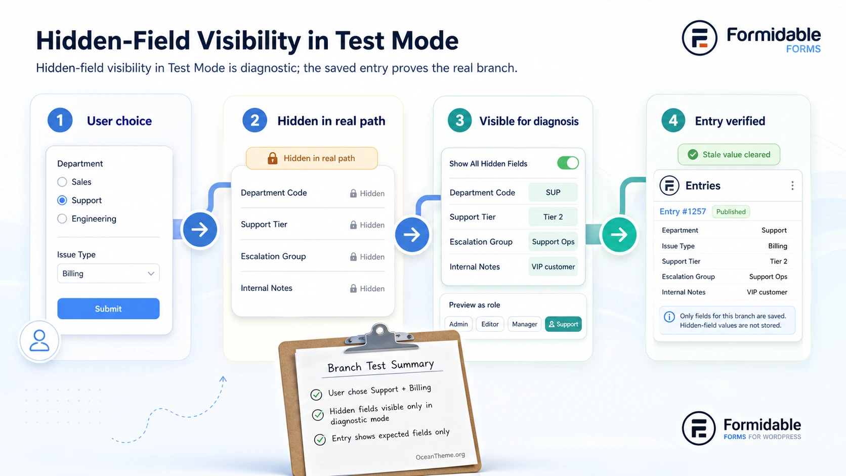 Validation flow for hidden fields and roles in Formidable Forms Test Mode