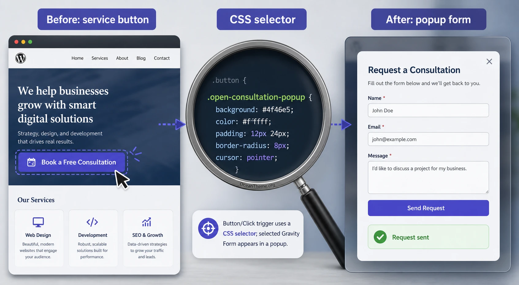 Example of the Gravity Forms Popups result triggered by clicking a service-page button