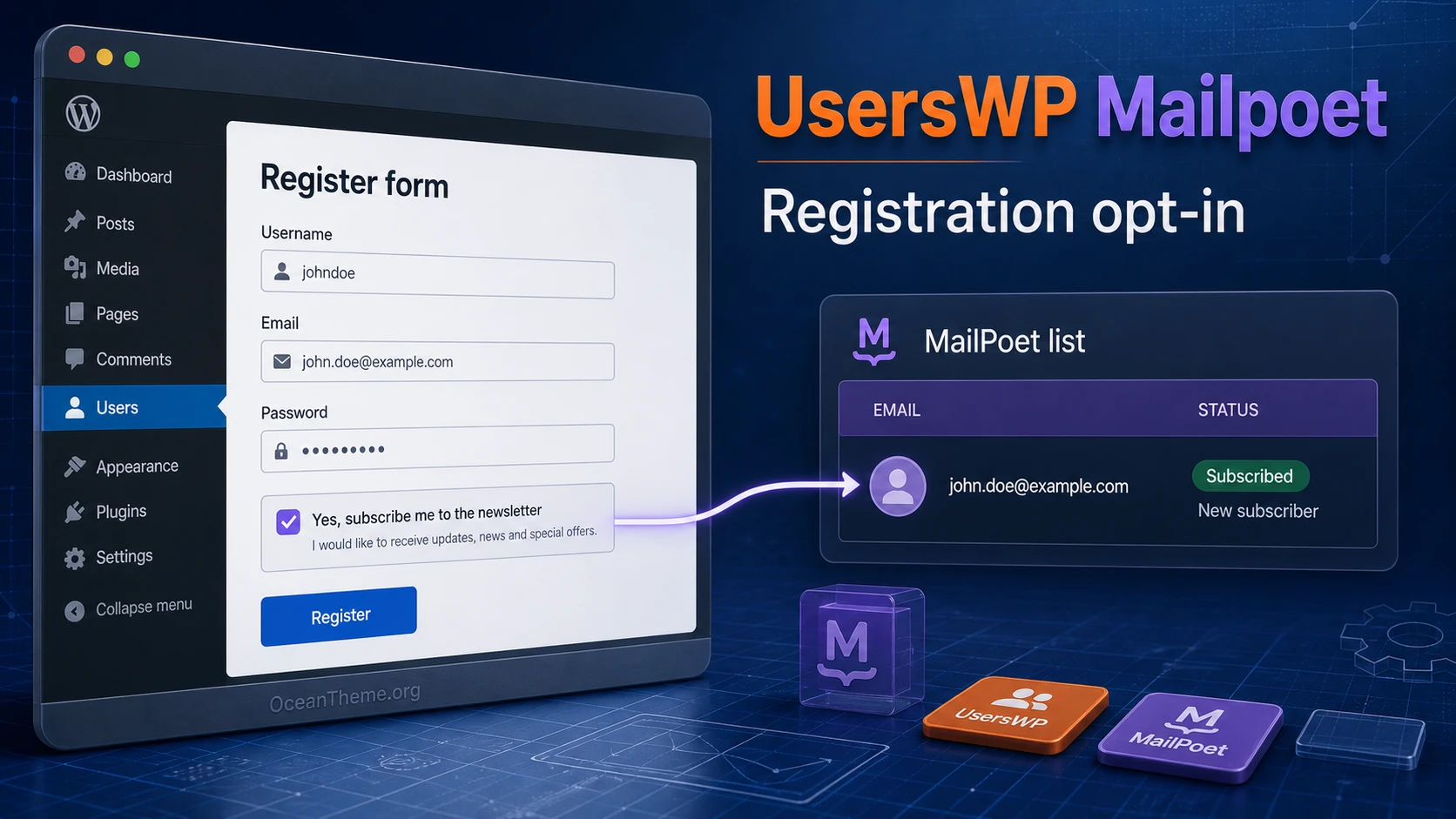 UsersWP Mailpoet guide cover with registration and subscriber list