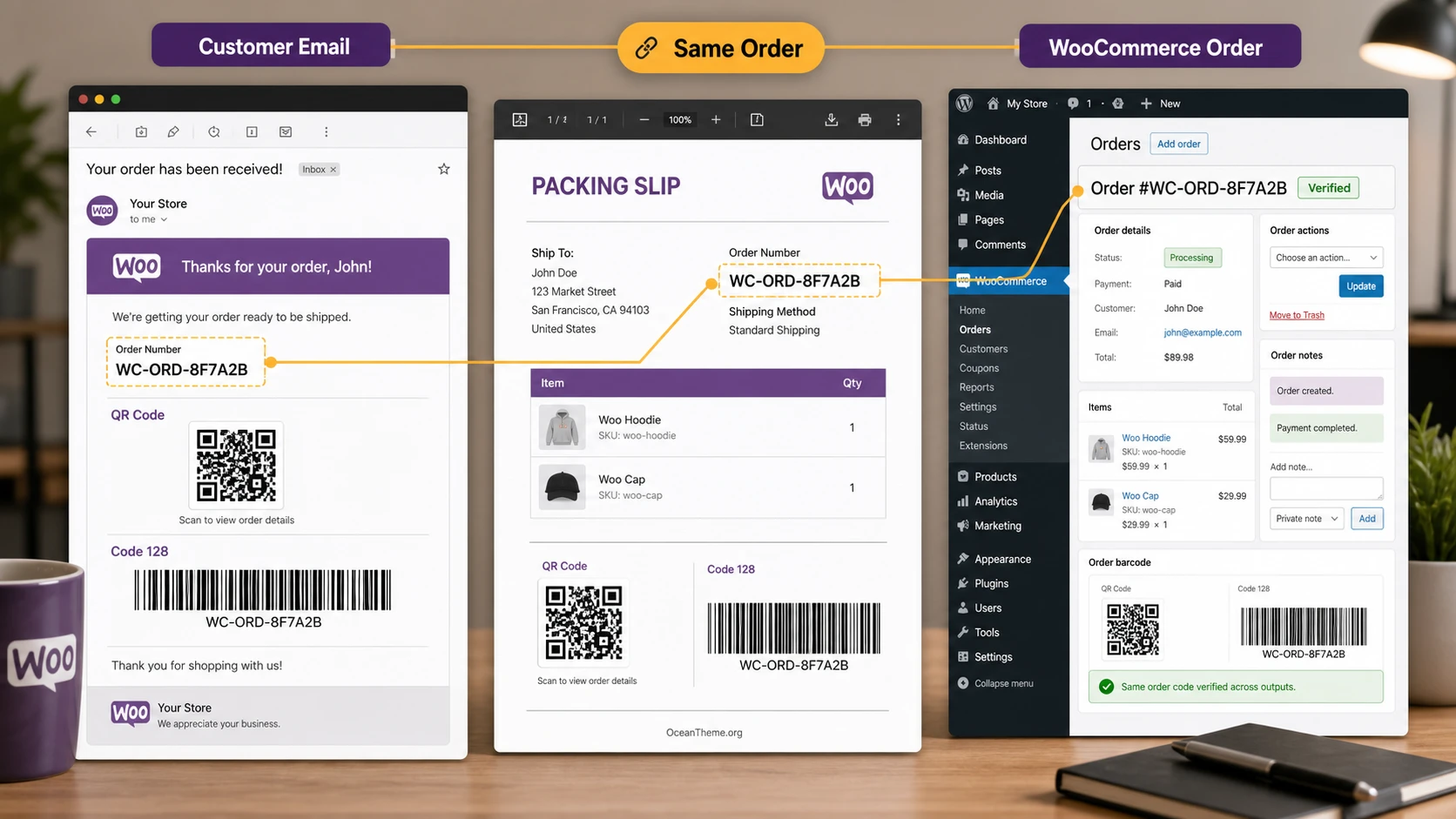 CodeCanyon Order Barcodes for WooCommerce shows the code in the email and the order document