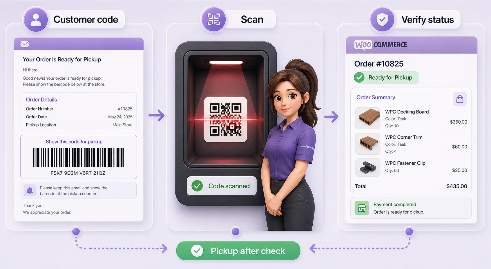 Example workflow for releasing a WooCommerce order using a QR code