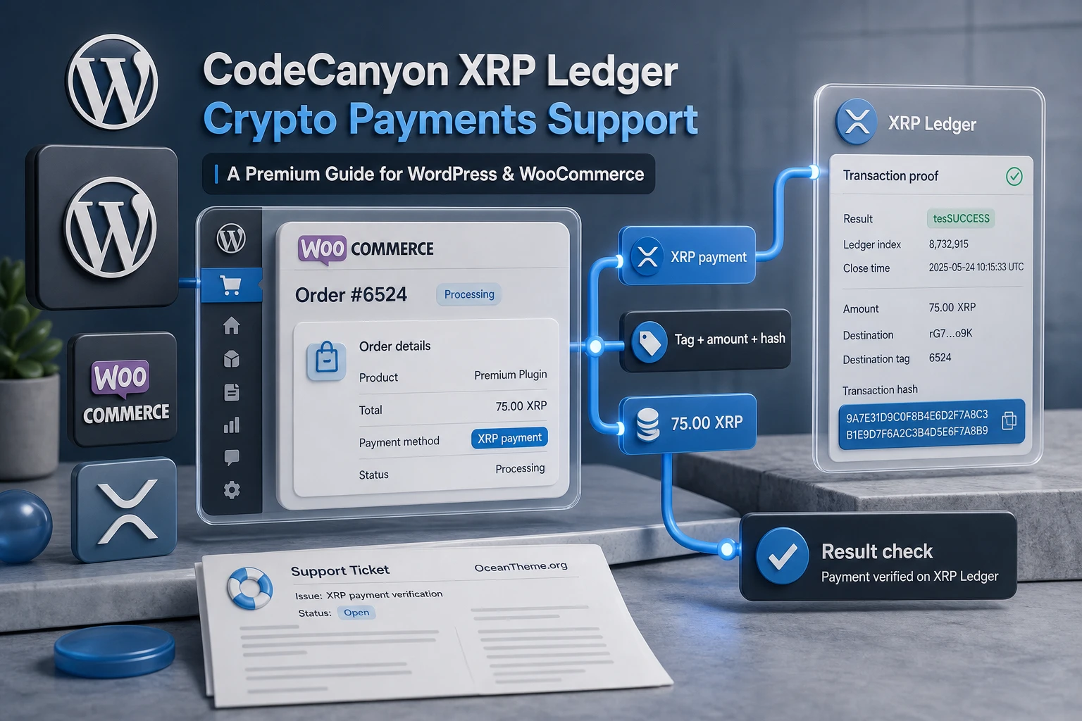 Cover image for the CodeCanyon XRP Ledger Crypto Payments Support guide with an order card and XRP payment
