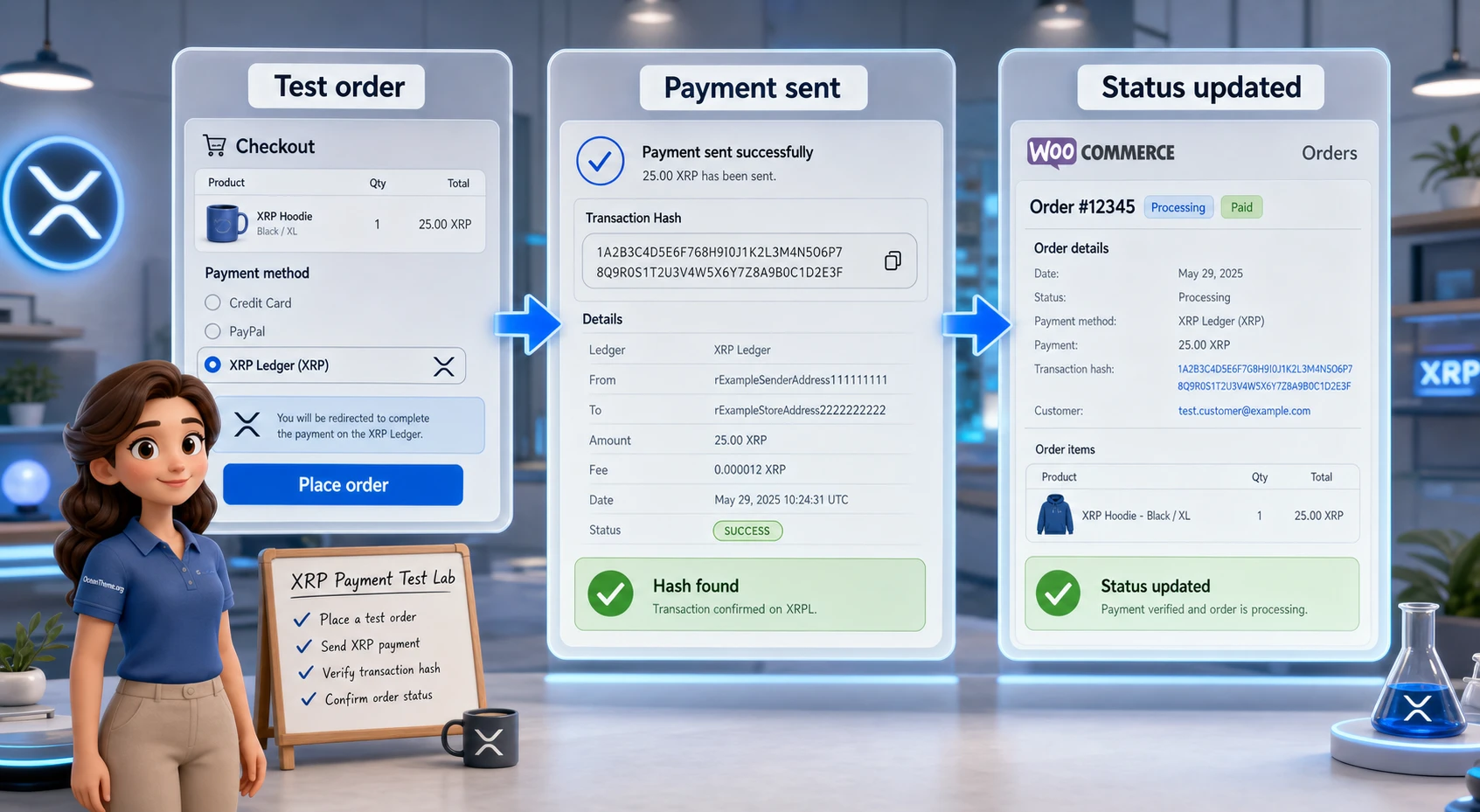 Practical scenario of paying a WooCommerce order through XRP Ledger and verifying the result