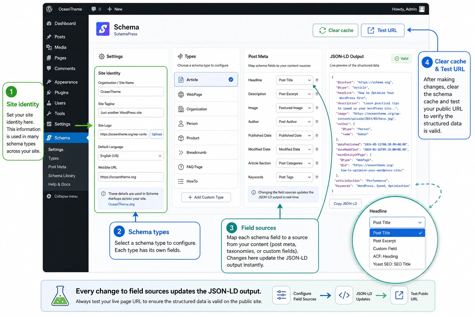 Interface map of the main Schema settings in the WordPress admin