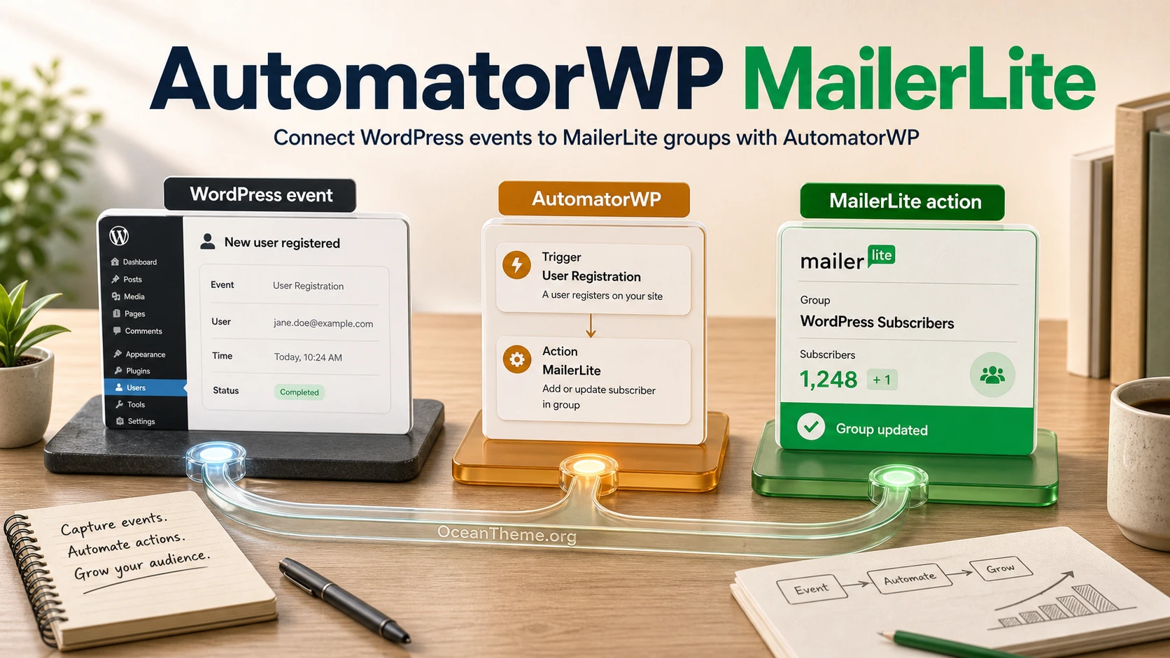AutomatorWP MailerLite in WordPress: a diagram showing the connection between the site, AutomatorWP, and MailerLite groups