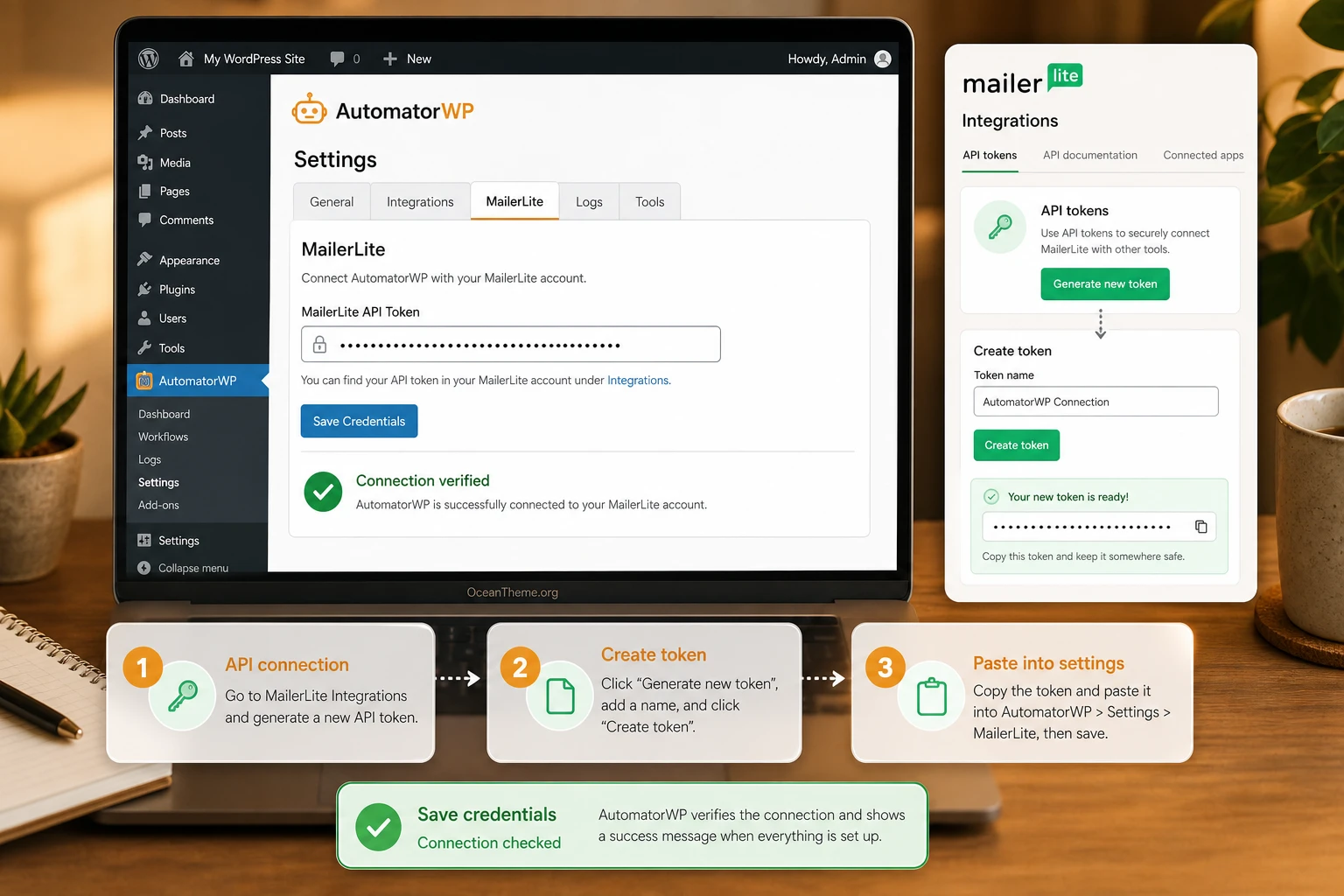 AutomatorWP MailerLite API key setup in the WordPress admin area
