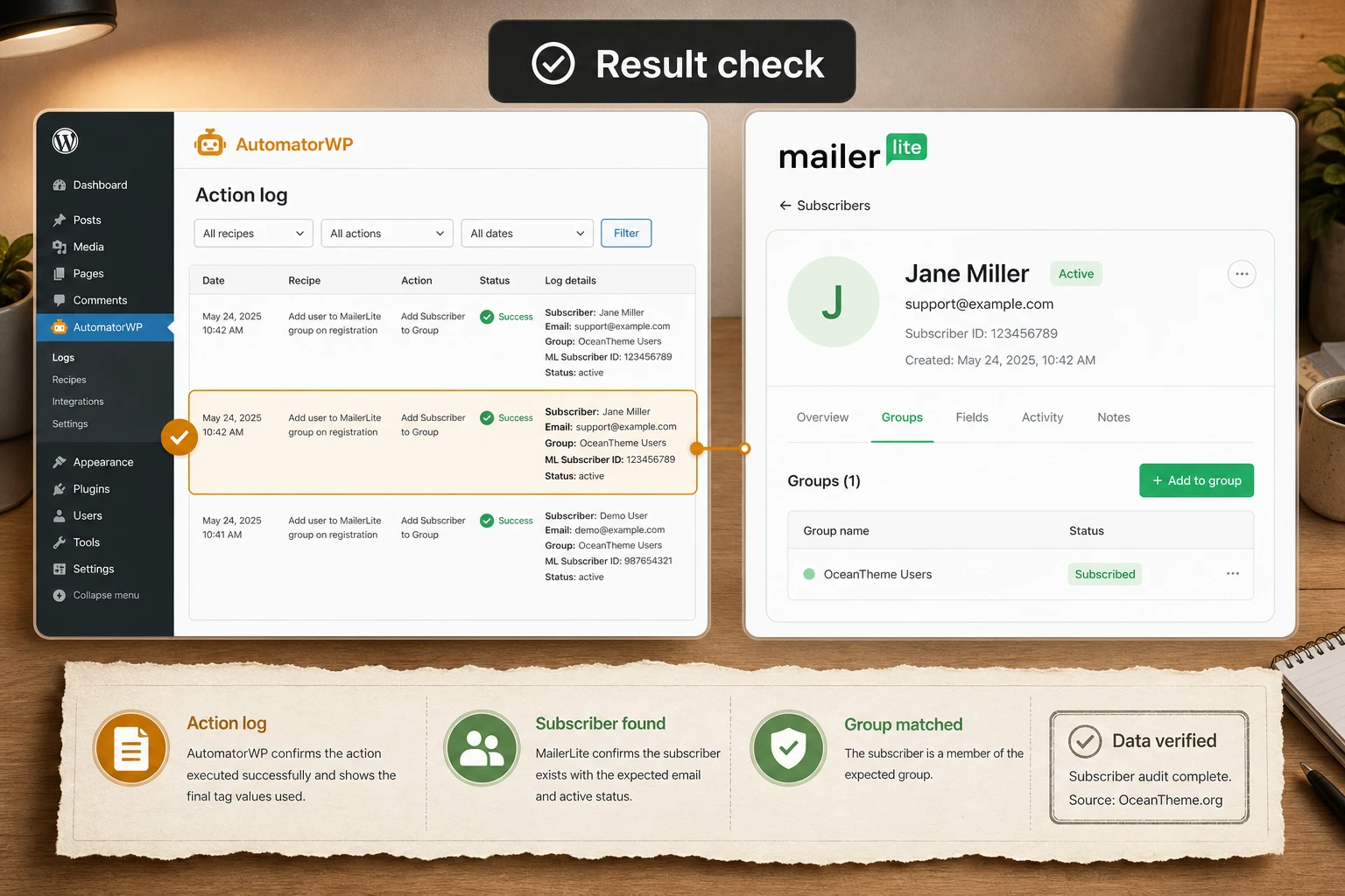 Verifying AutomatorWP MailerLite results through logs and the subscriber profile