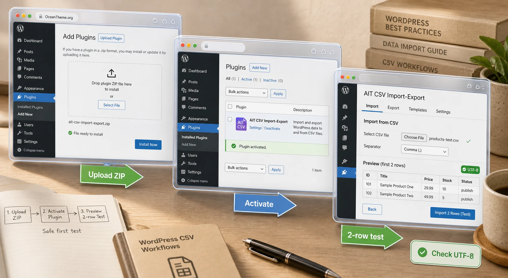 Diagram of AIT CSV Import-Export installation and the first test import in WordPress