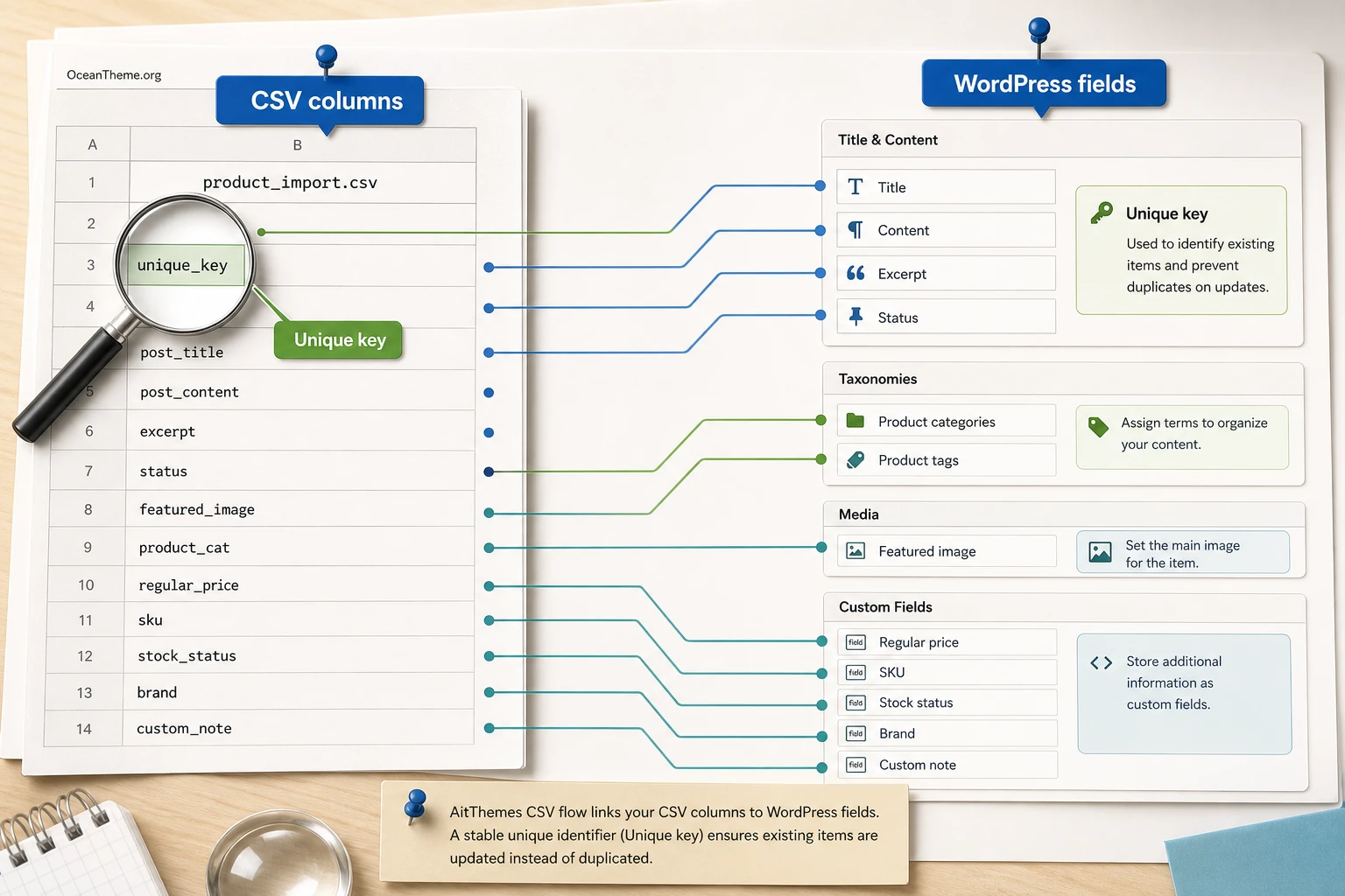 Map of CSV column mapping to WordPress fields for AIT CSV Import-Export
