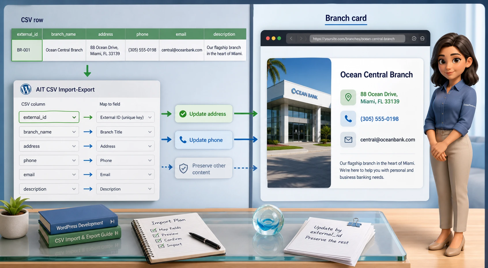 Practical scenario for updating a branch directory through CSV in WordPress