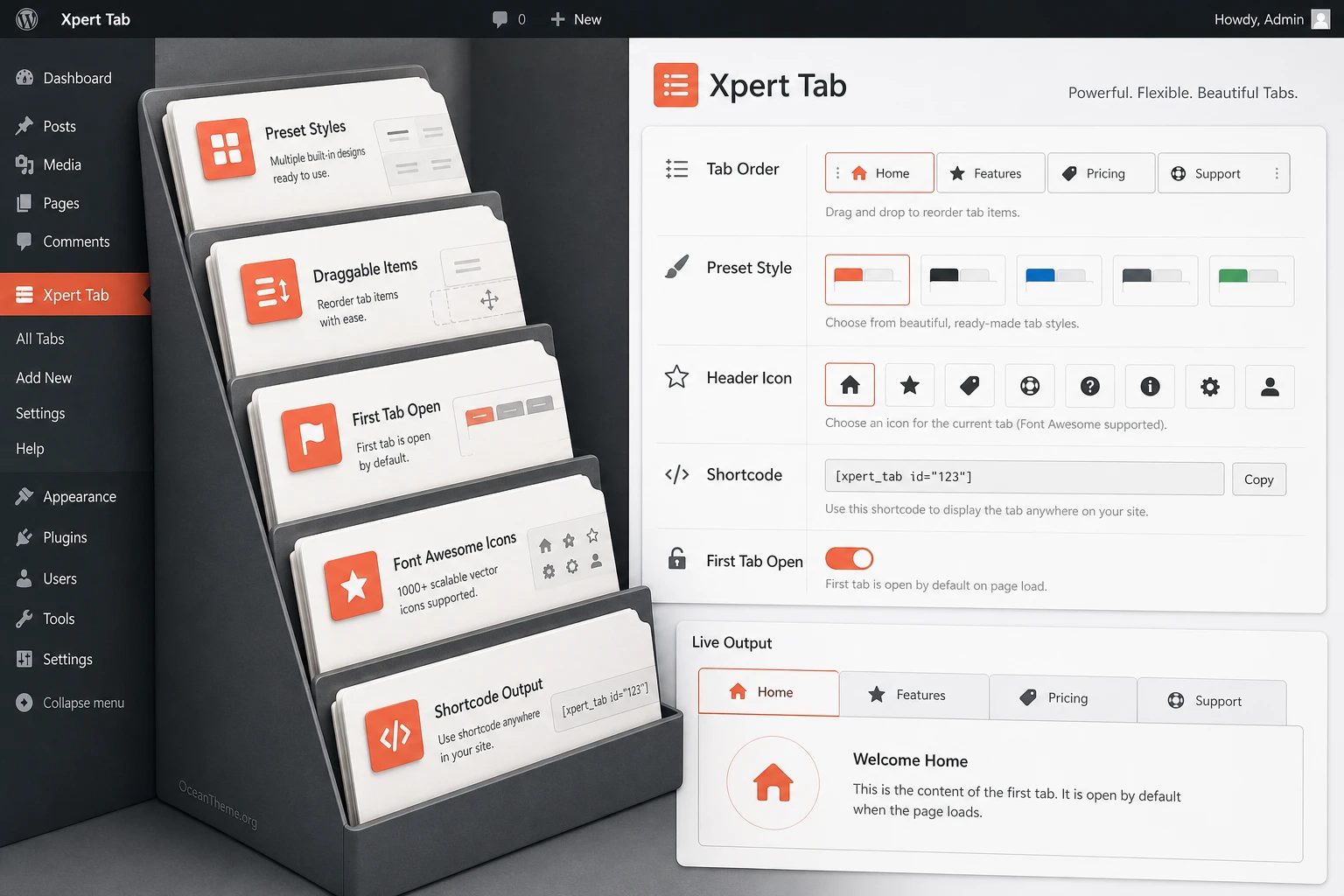 Xpert Tab features: shortcode, tab sorting, icons, and page output