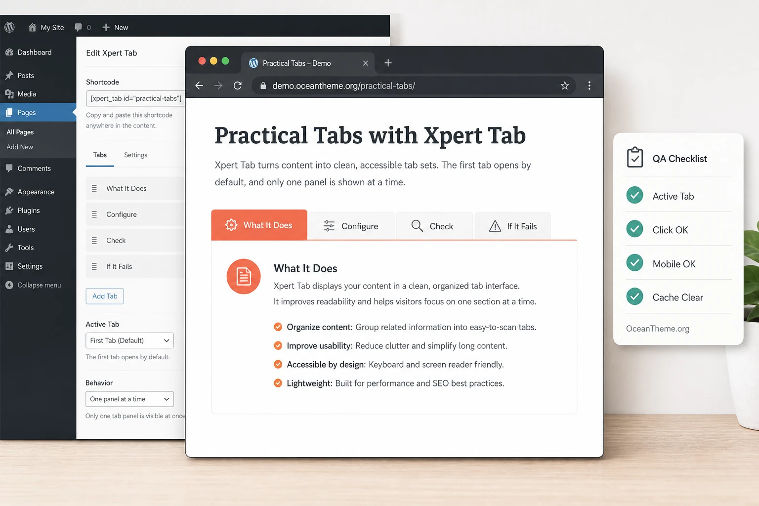 An Xpert Tab example on a product page: tabs with instructions and result verification