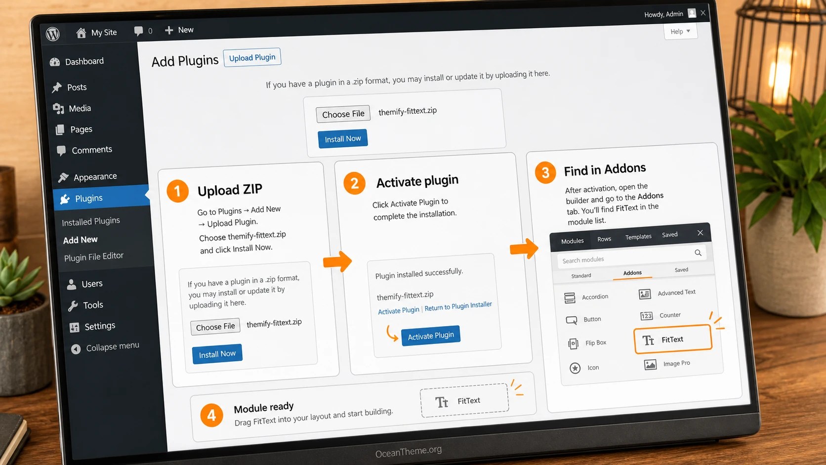Themify FitText installation path through Plugins Add New and the Themify Builder panel
