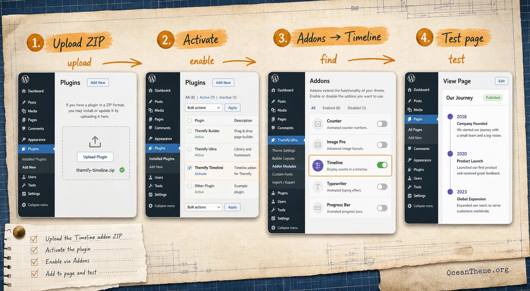 Themify Timeline installation path and the Timeline module in the Addons panel